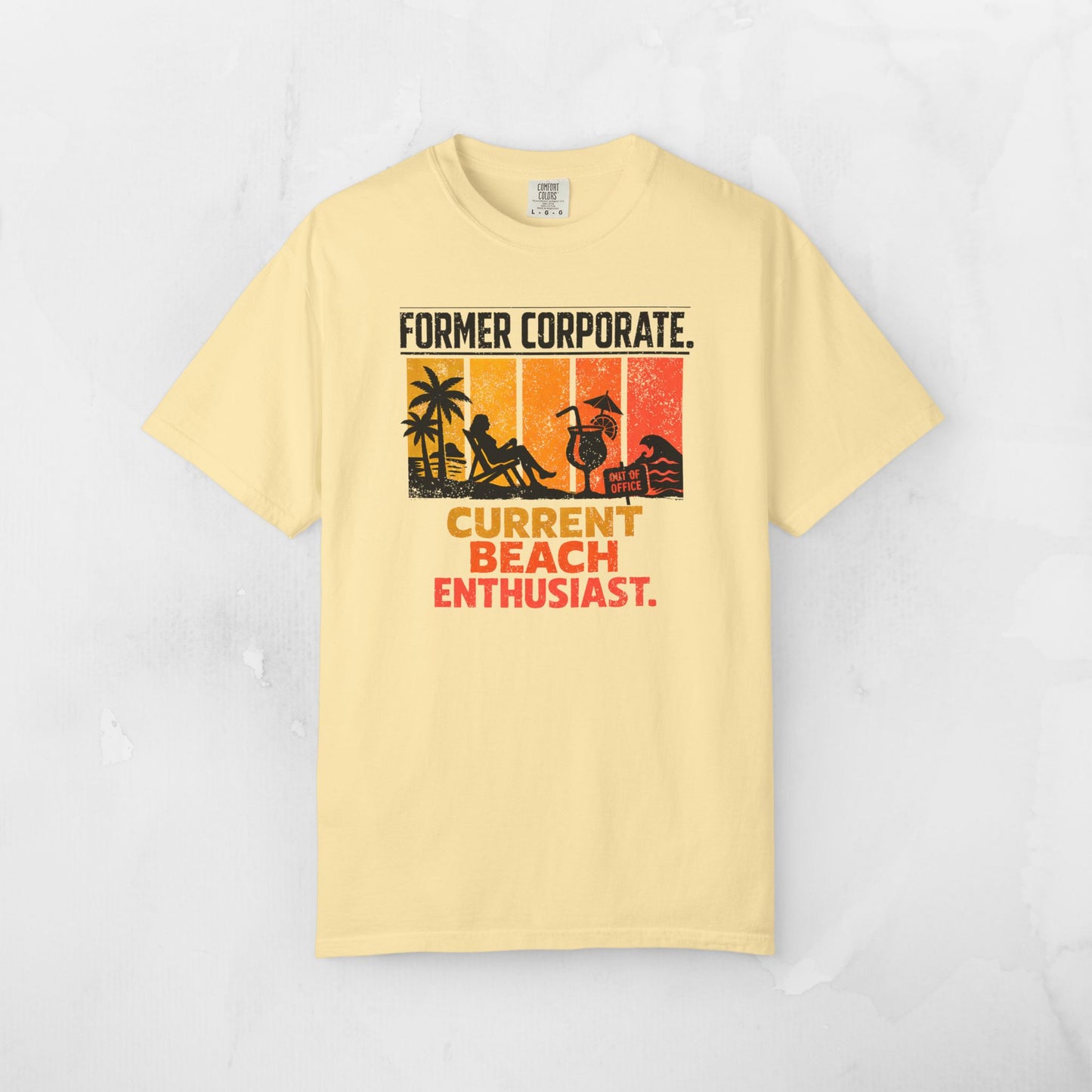 Former Corporate. Current Beach Enthusiast. Retro Sunset Stripe Graphic Tee