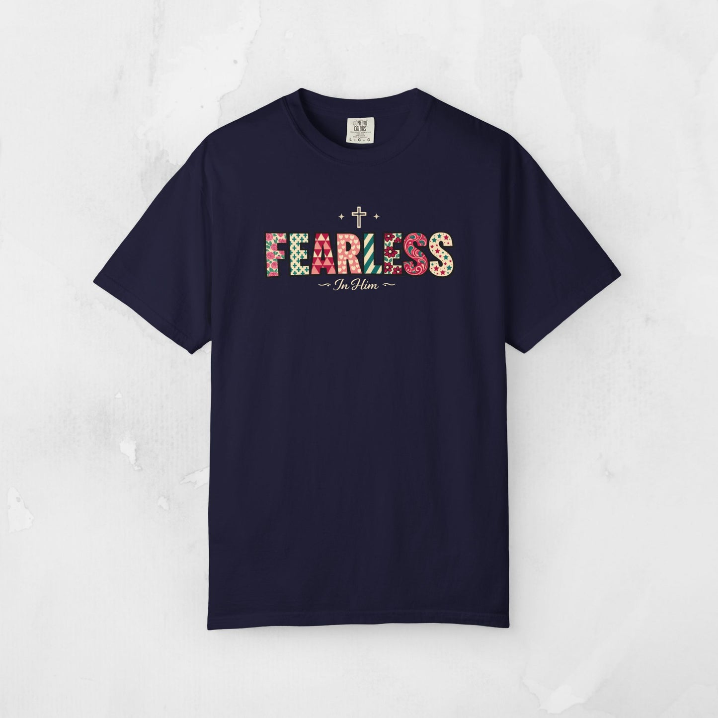 Fearless In Him Tee — Faith-Based Word Art Tee for Christian Entrepreneurs
