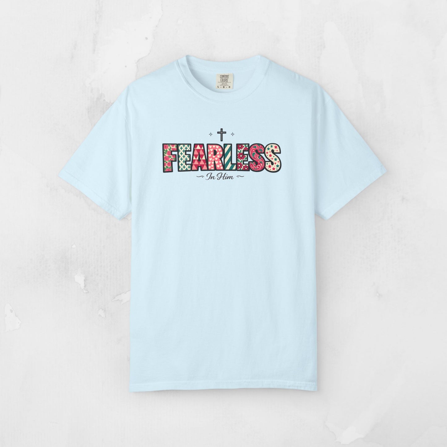 Fearless In Him Tee — Faith-Based Word Art Tee for Christian Entrepreneurs