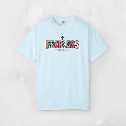 Fearless In Him Tee — Faith-Based Word Art Tee for Christian Entrepreneurs
