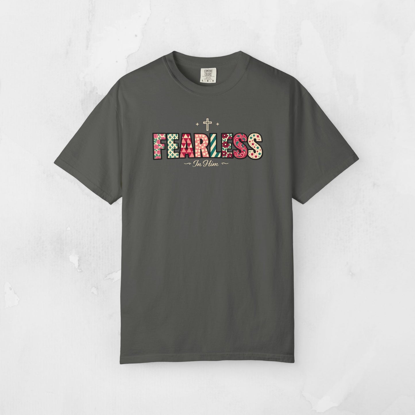 Fearless In Him Tee — Faith-Based Word Art Tee for Christian Entrepreneurs