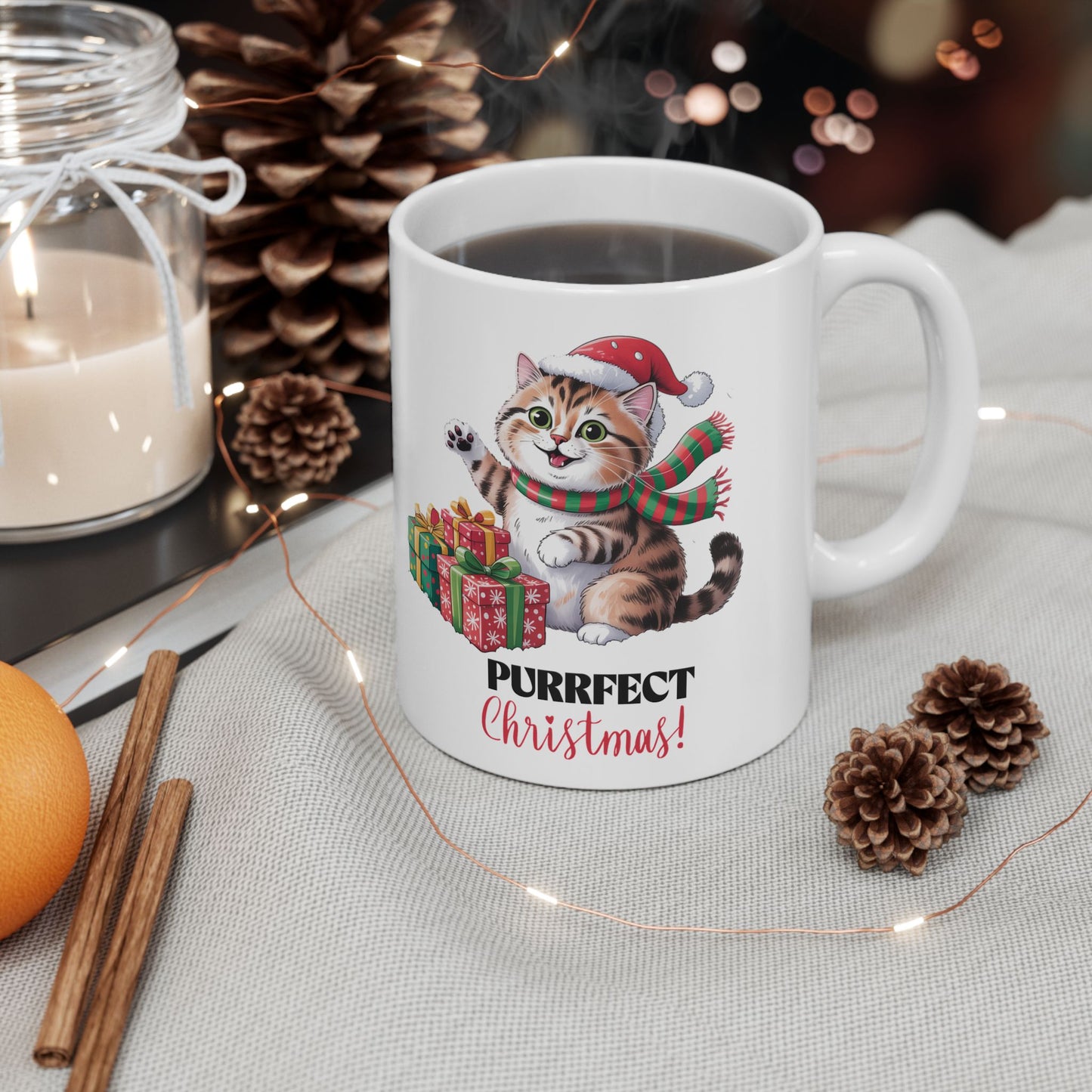 Cute Christmas Cat Ceramic Mug- 11 oz