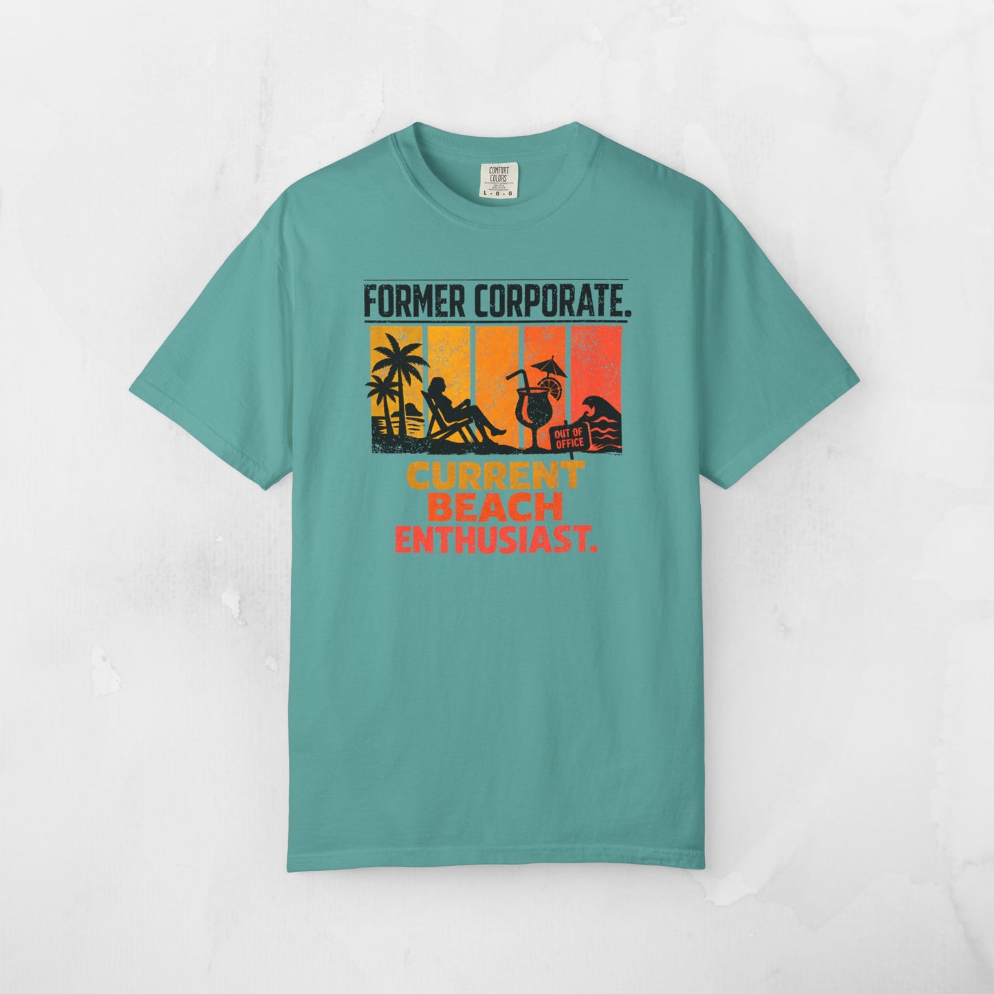 Former Corporate. Current Beach Enthusiast. Retro Sunset Stripe Graphic Tee
