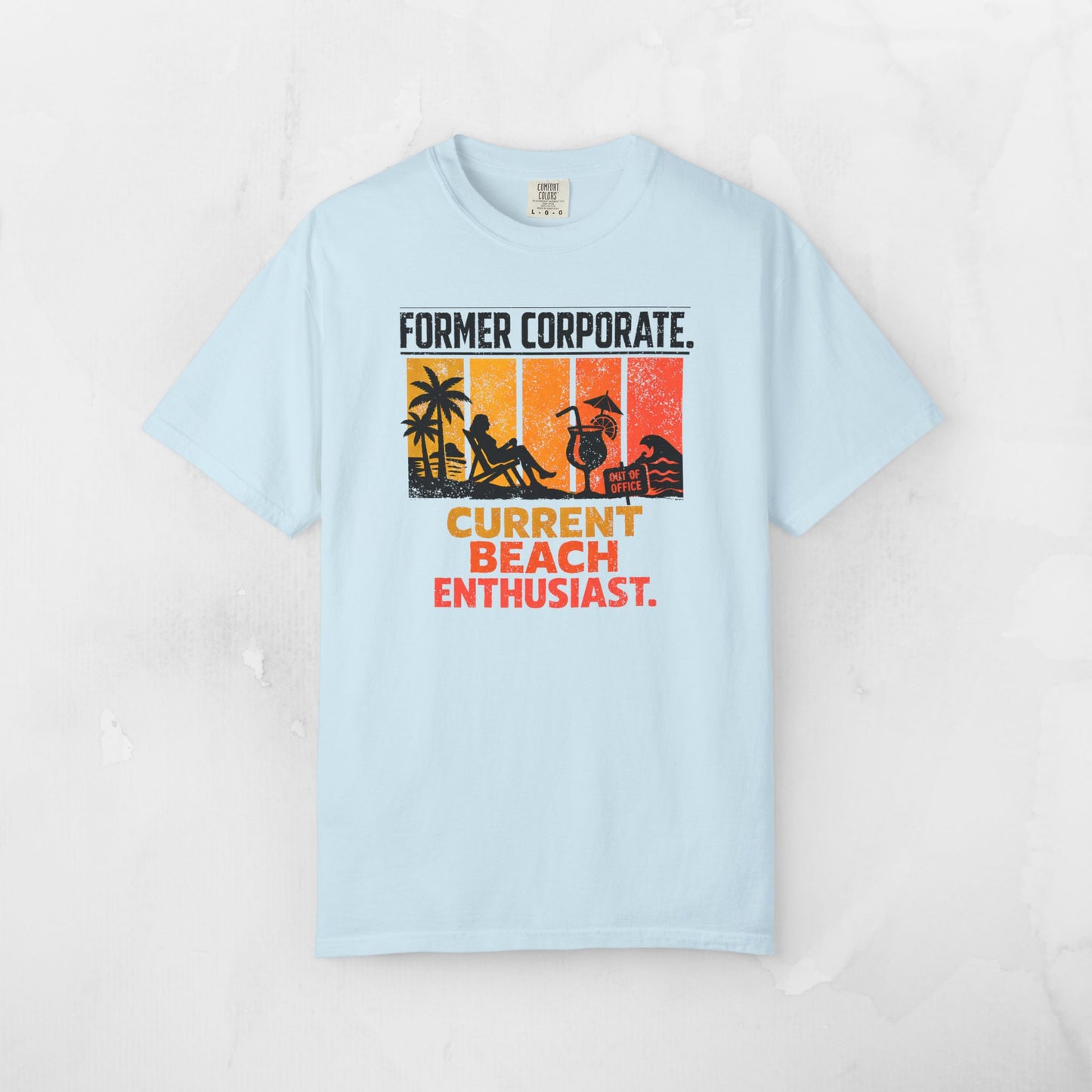Former Corporate. Current Beach Enthusiast. Retro Sunset Stripe Graphic Tee