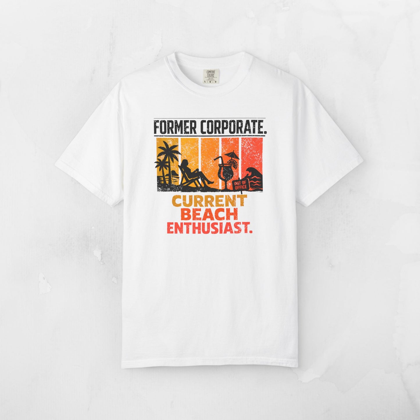 Former Corporate. Current Beach Enthusiast. Retro Sunset Stripe Graphic Tee