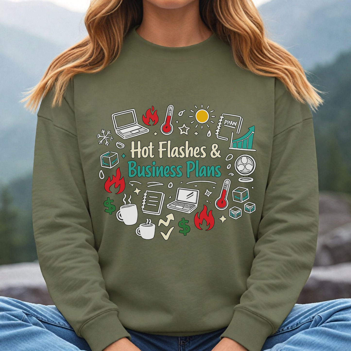 Sweatshirt — "Hot Flashes & Business Plans" Funny Menopause Entrepreneur Crewneck
