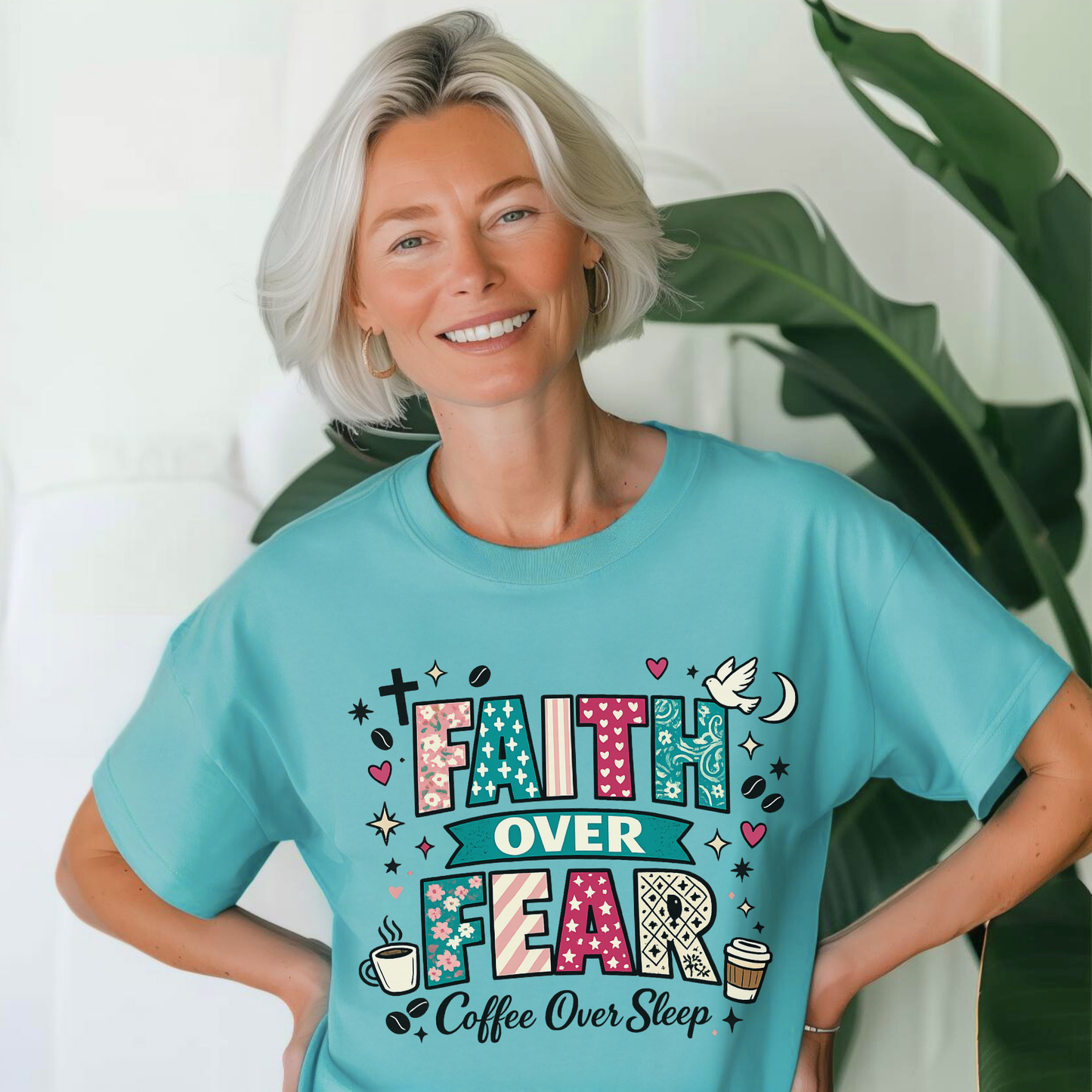 'Faith Over Fear, Coffee Over Sleep' Inspirational Graphic Tee