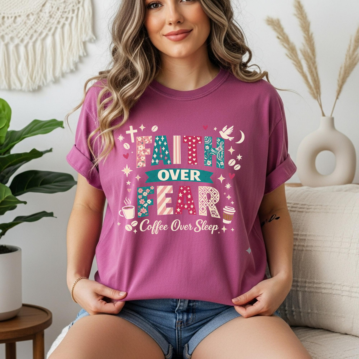 'Faith Over Fear, Coffee Over Sleep' Inspirational Graphic Tee