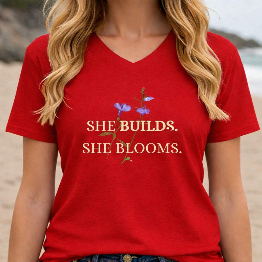 She Builds She Blooms V-Neck Tee — Floral Inspirational Women's Shirt