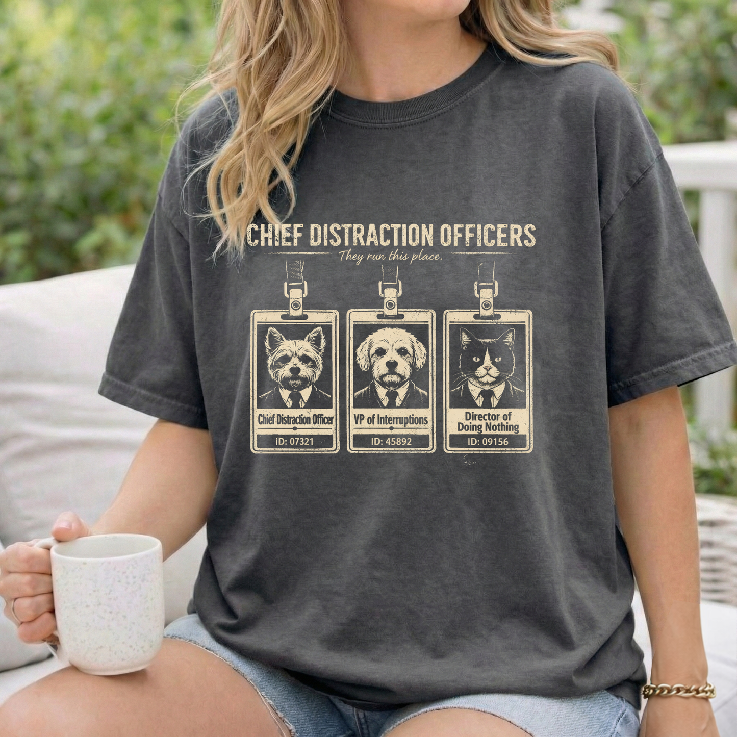 Chief Distraction Officers T-Shirt — Cute ID Badge Dogs Graphic Tee