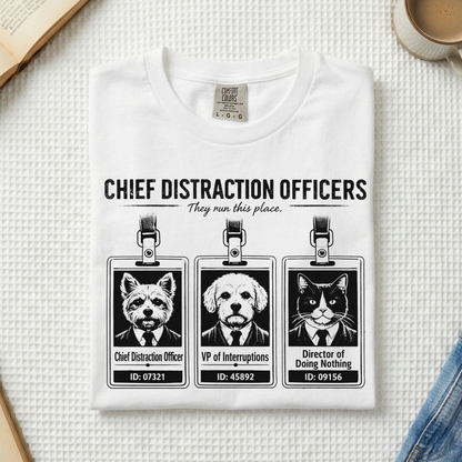 Chief Distraction Officers T-Shirt — Cute ID Badge Dogs Graphic Tee