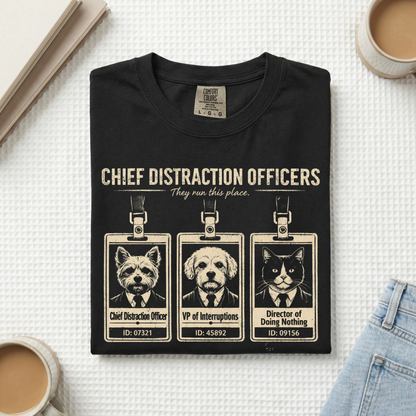 Chief Distraction Officers T-Shirt — Cute ID Badge Dogs Graphic Tee