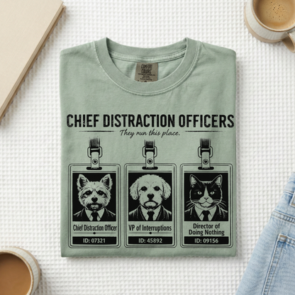 Chief Distraction Officers T-Shirt — Cute ID Badge Dogs Graphic Tee