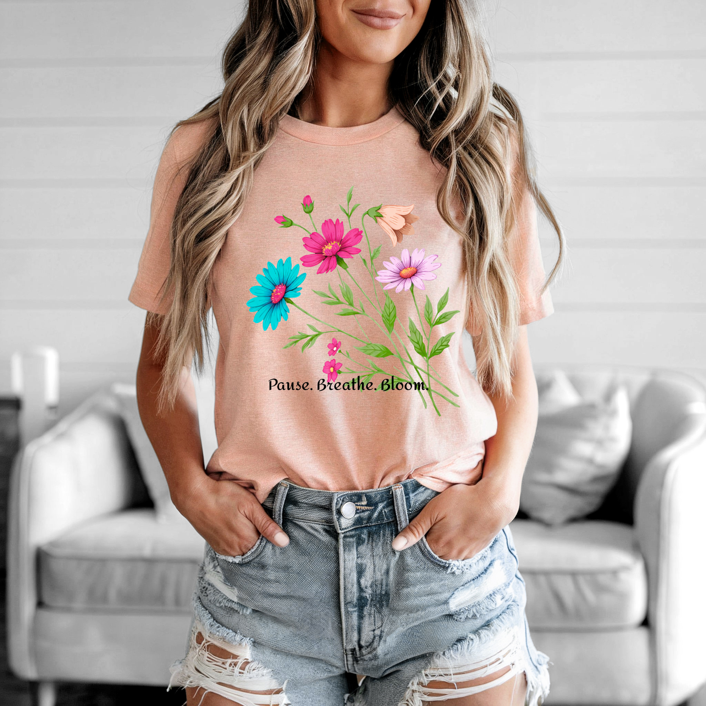 Floral 'Pause. Breathe. Bloom.' Tee