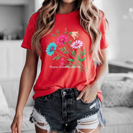 Floral 'Pause. Breathe. Bloom.' Tee