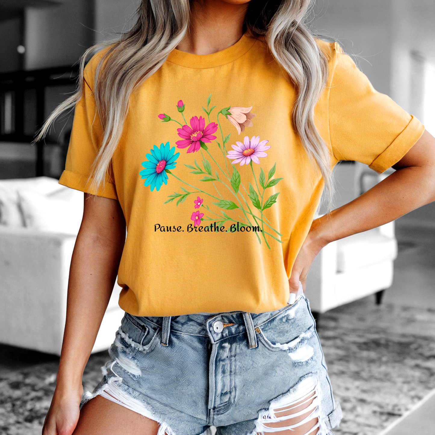 Floral 'Pause. Breathe. Bloom.' Tee