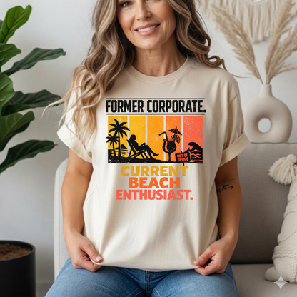 Former Corporate. Current Beach Enthusiast. Retro Sunset Stripe Graphic Tee