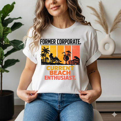 Former Corporate. Current Beach Enthusiast. Retro Sunset Stripe Graphic Tee