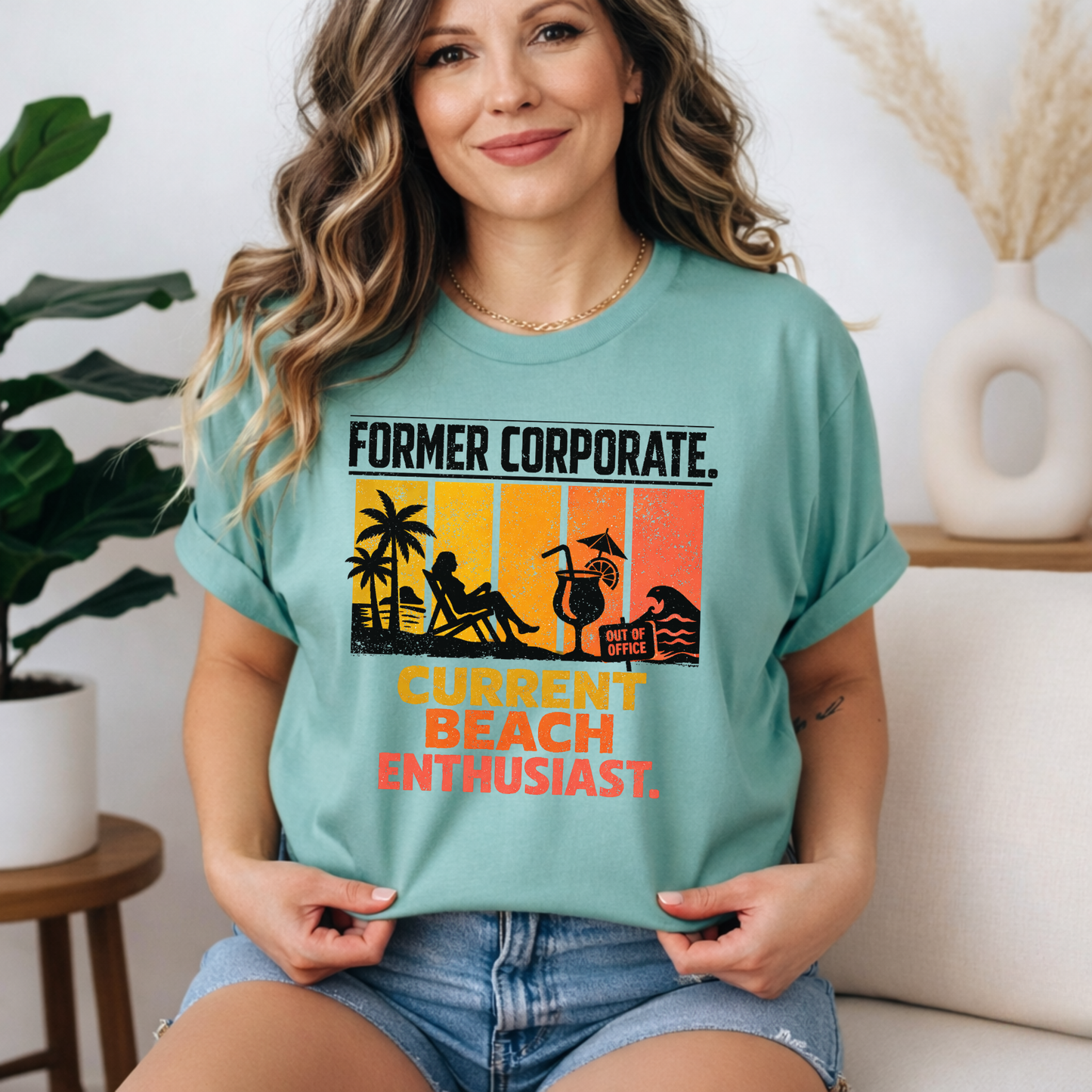Former Corporate. Current Beach Enthusiast. Retro Sunset Stripe Graphic Tee