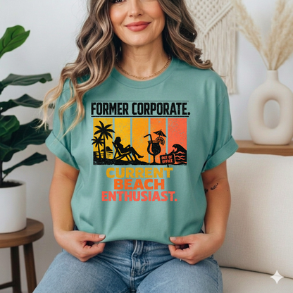 Former Corporate. Current Beach Enthusiast. Retro Sunset Stripe Graphic Tee