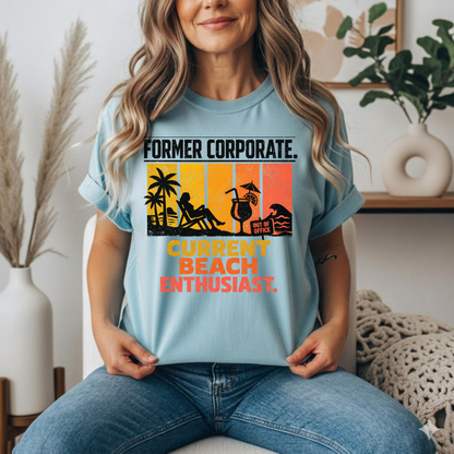 Former Corporate. Current Beach Enthusiast. Retro Sunset Stripe Graphic Tee