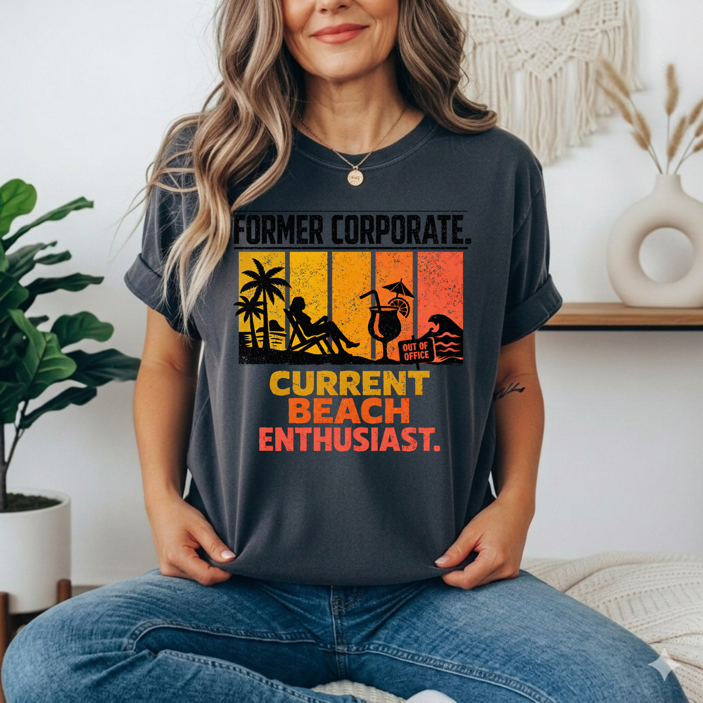 Former Corporate. Current Beach Enthusiast. Retro Sunset Stripe Graphic Tee