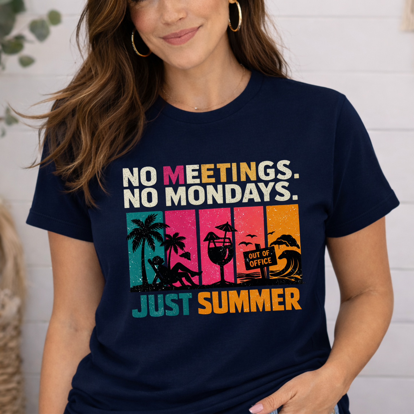 No Meetings. No Mondays. Just Summer. Retro Stripe Graphic Tee