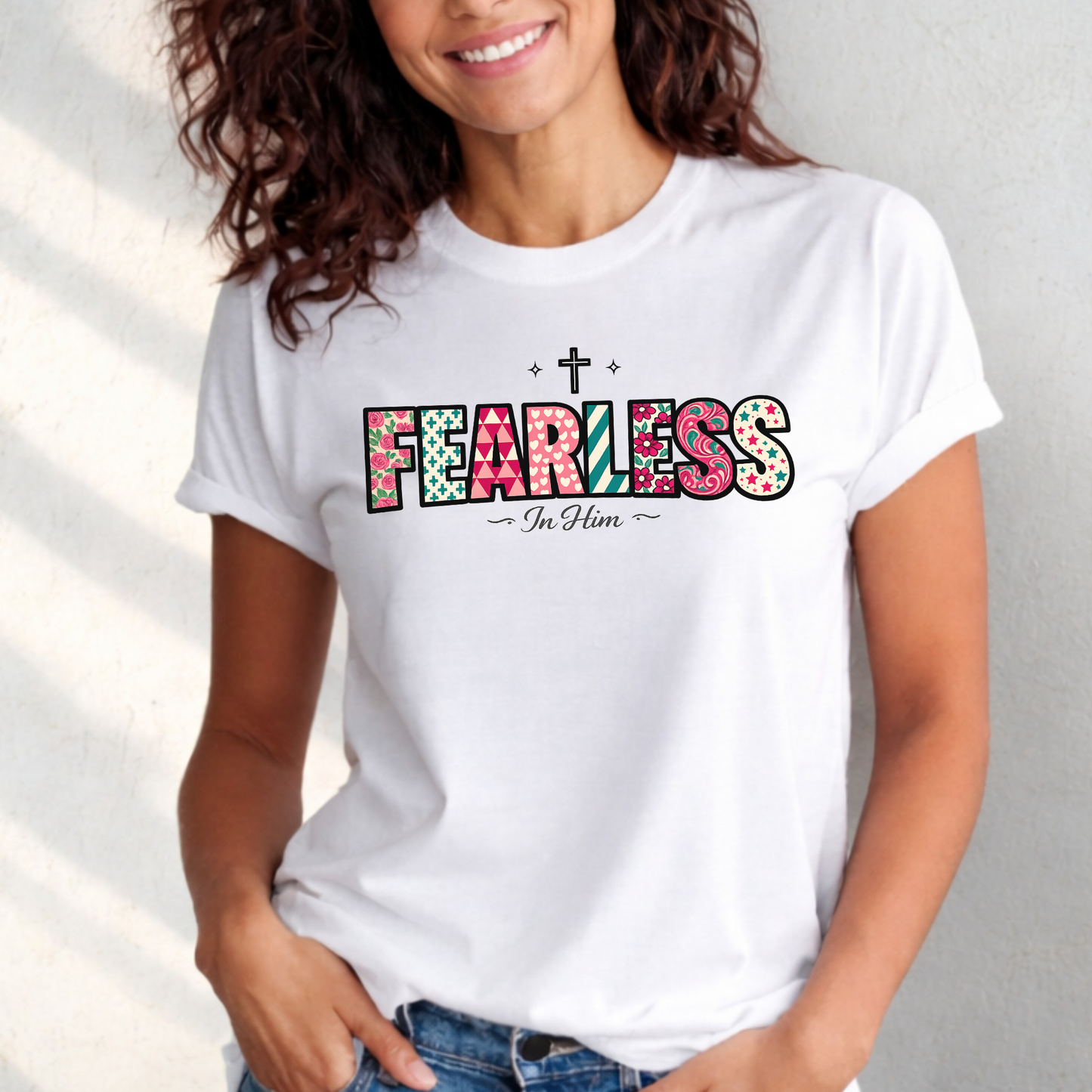 Fearless In Him Tee — Faith-Based Word Art Tee for Christian Entrepreneurs