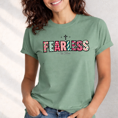 Fearless In Him Tee — Faith-Based Word Art Tee for Christian Entrepreneurs