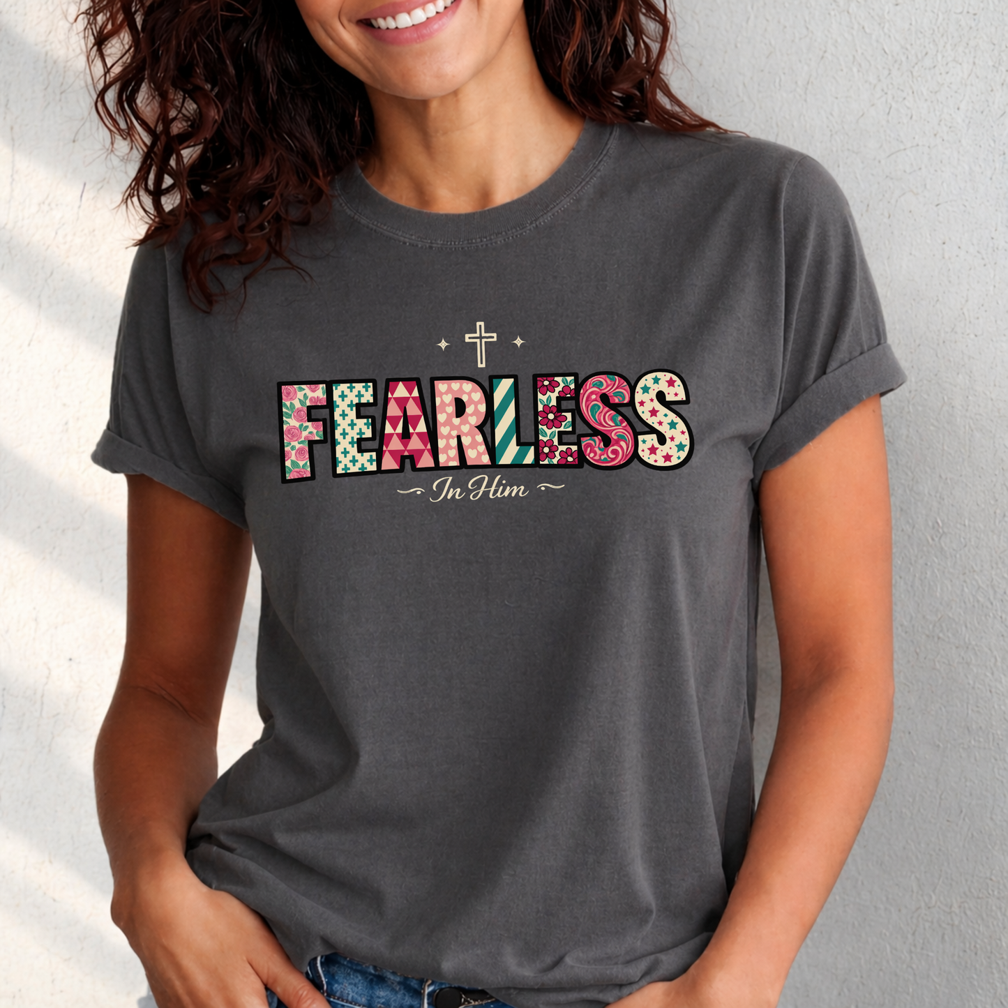 Fearless In Him Tee — Faith-Based Word Art Tee for Christian Entrepreneurs
