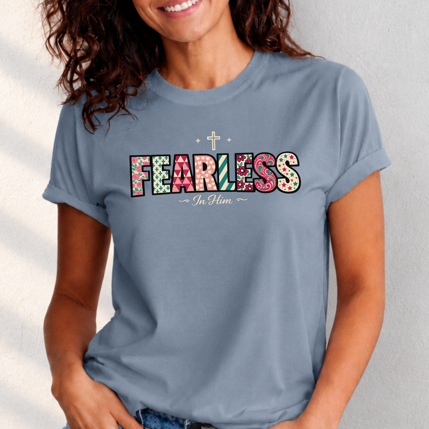 Fearless In Him Tee — Faith-Based Word Art Tee for Christian Entrepreneurs