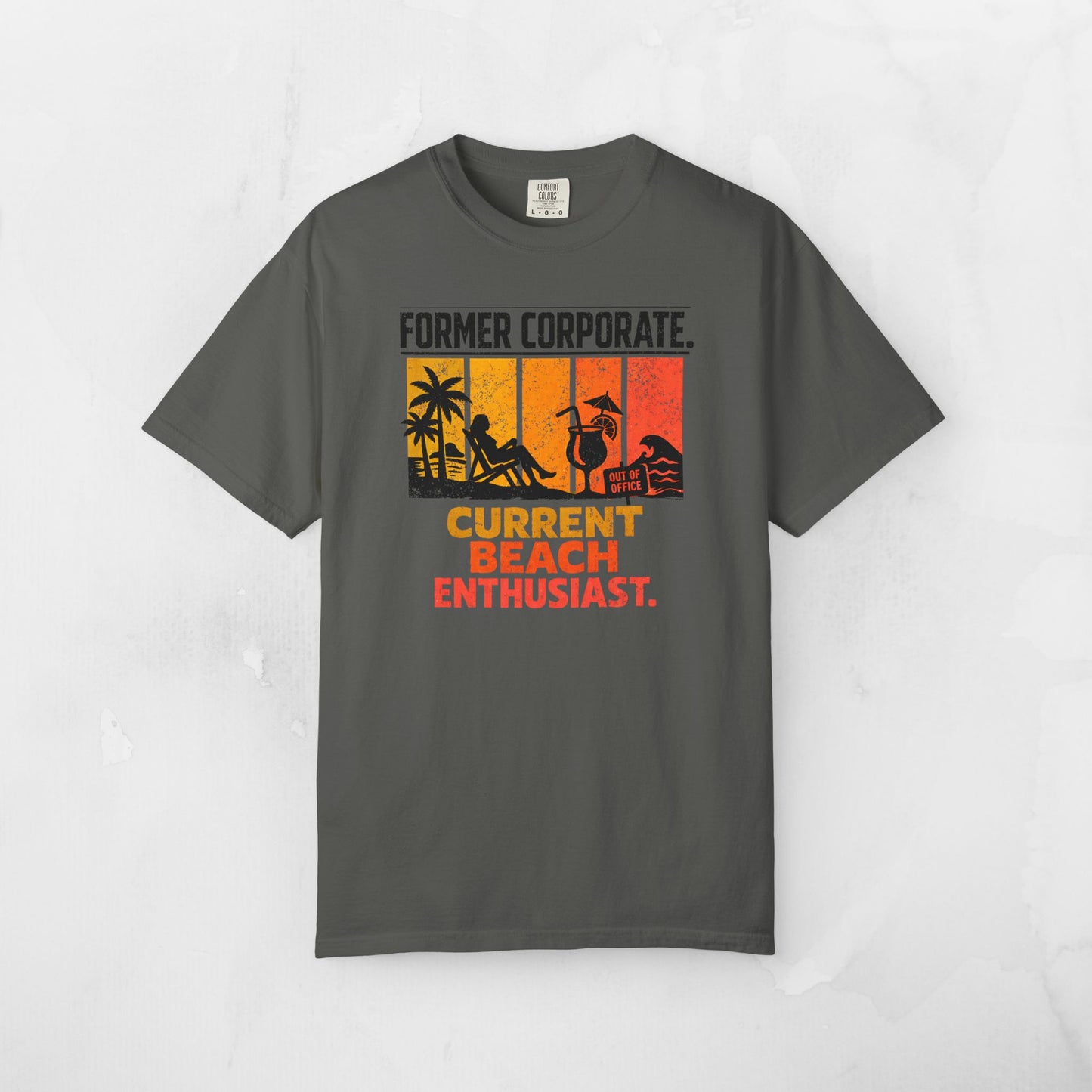 Former Corporate. Current Beach Enthusiast. Retro Sunset Stripe Graphic Tee