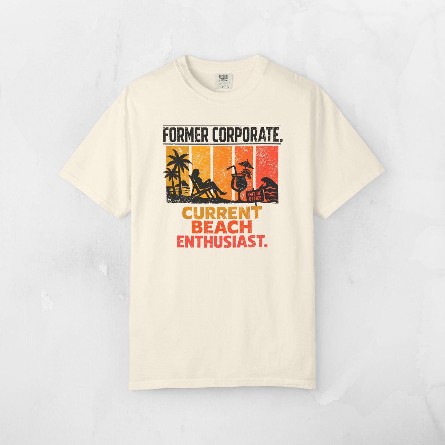 Former Corporate. Current Beach Enthusiast. Retro Sunset Stripe Graphic Tee