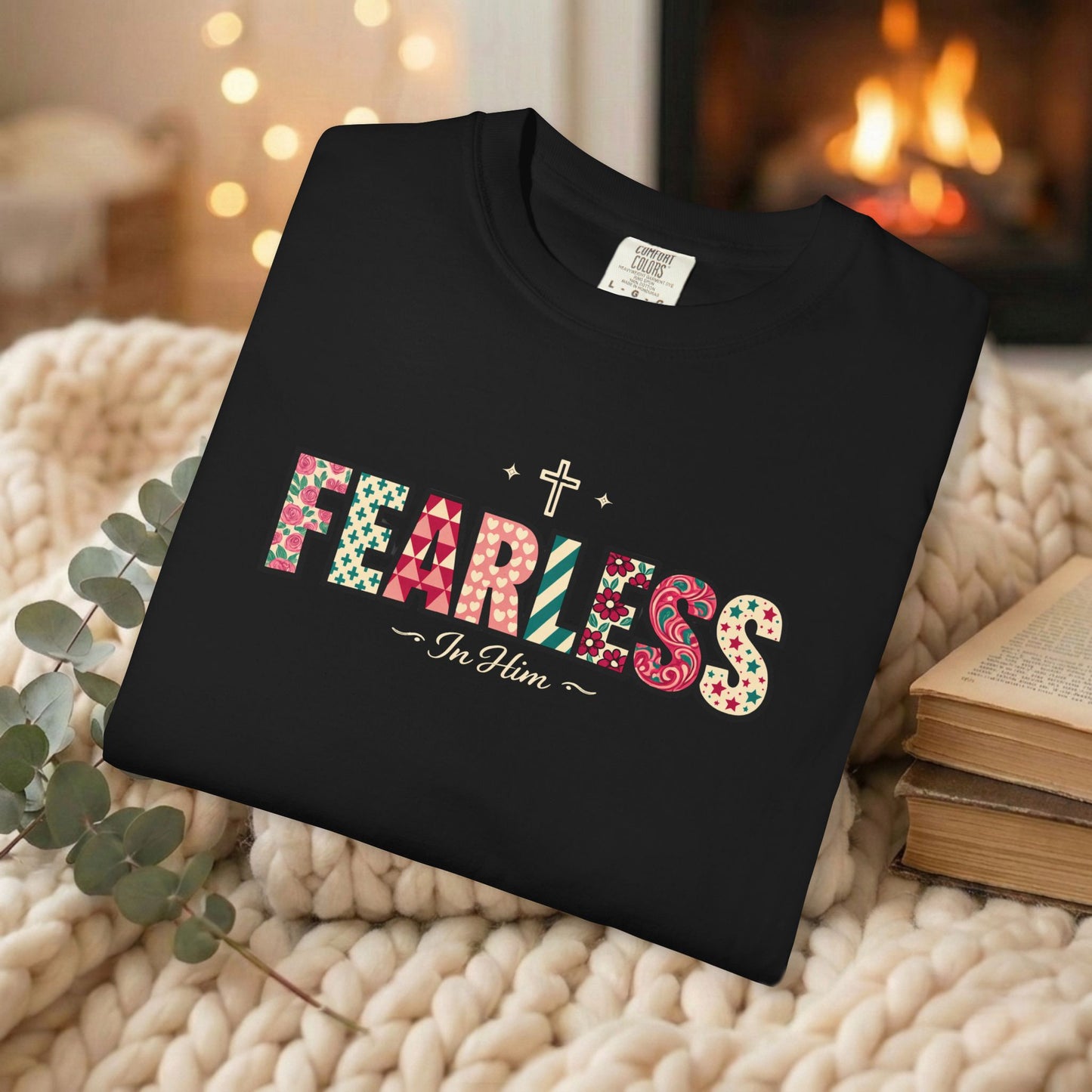 Fearless In Him Tee — Faith-Based Word Art Tee for Christian Entrepreneurs