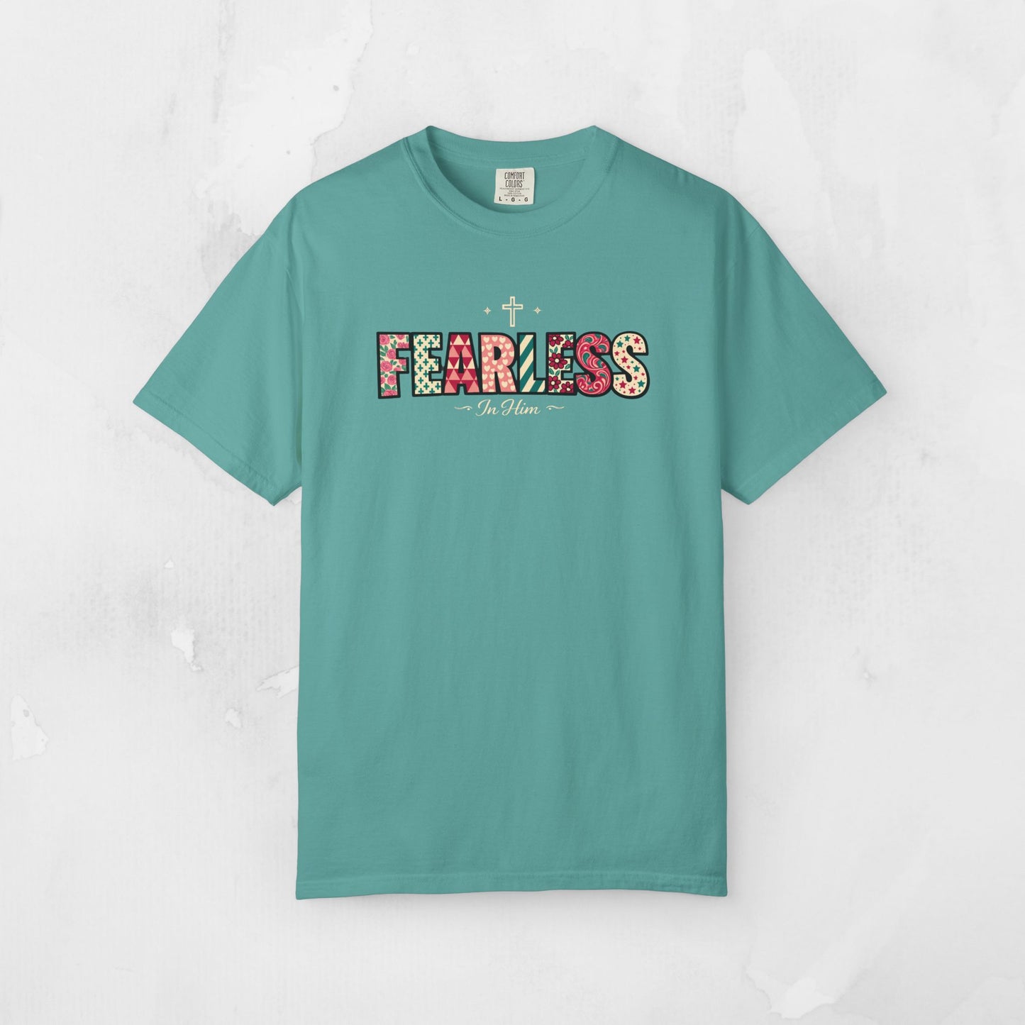 Fearless In Him Tee — Faith-Based Word Art Tee for Christian Entrepreneurs