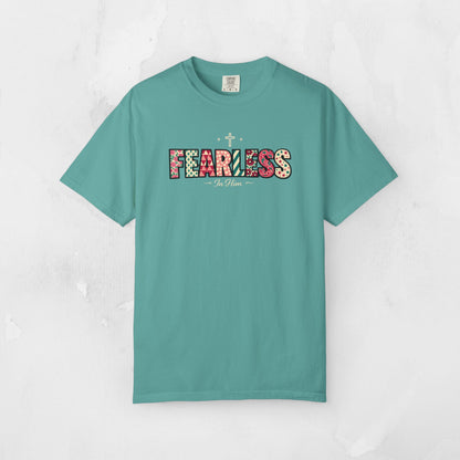 Fearless In Him Tee — Faith-Based Word Art Tee for Christian Entrepreneurs