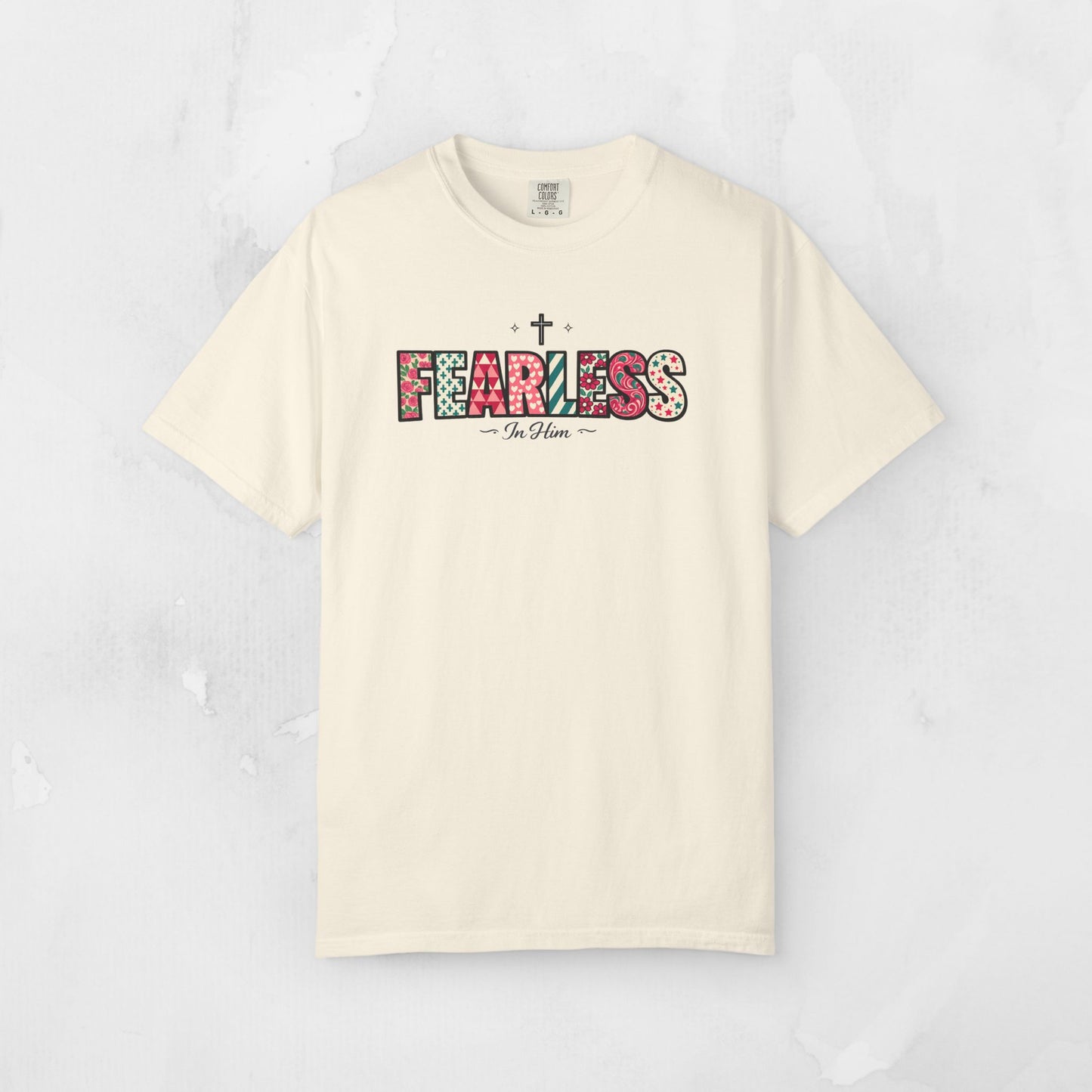 Fearless In Him Tee — Faith-Based Word Art Tee for Christian Entrepreneurs