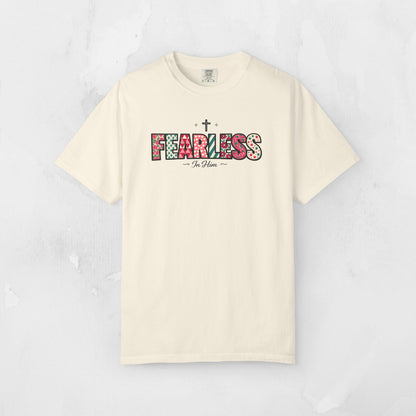 Fearless In Him Tee — Faith-Based Word Art Tee for Christian Entrepreneurs