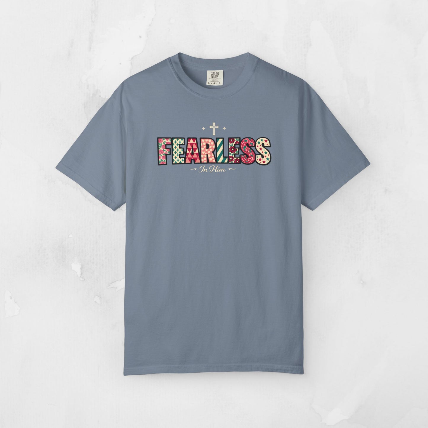 Fearless In Him Tee — Faith-Based Word Art Tee for Christian Entrepreneurs