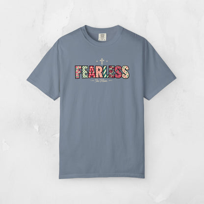 Fearless In Him Tee — Faith-Based Word Art Tee for Christian Entrepreneurs
