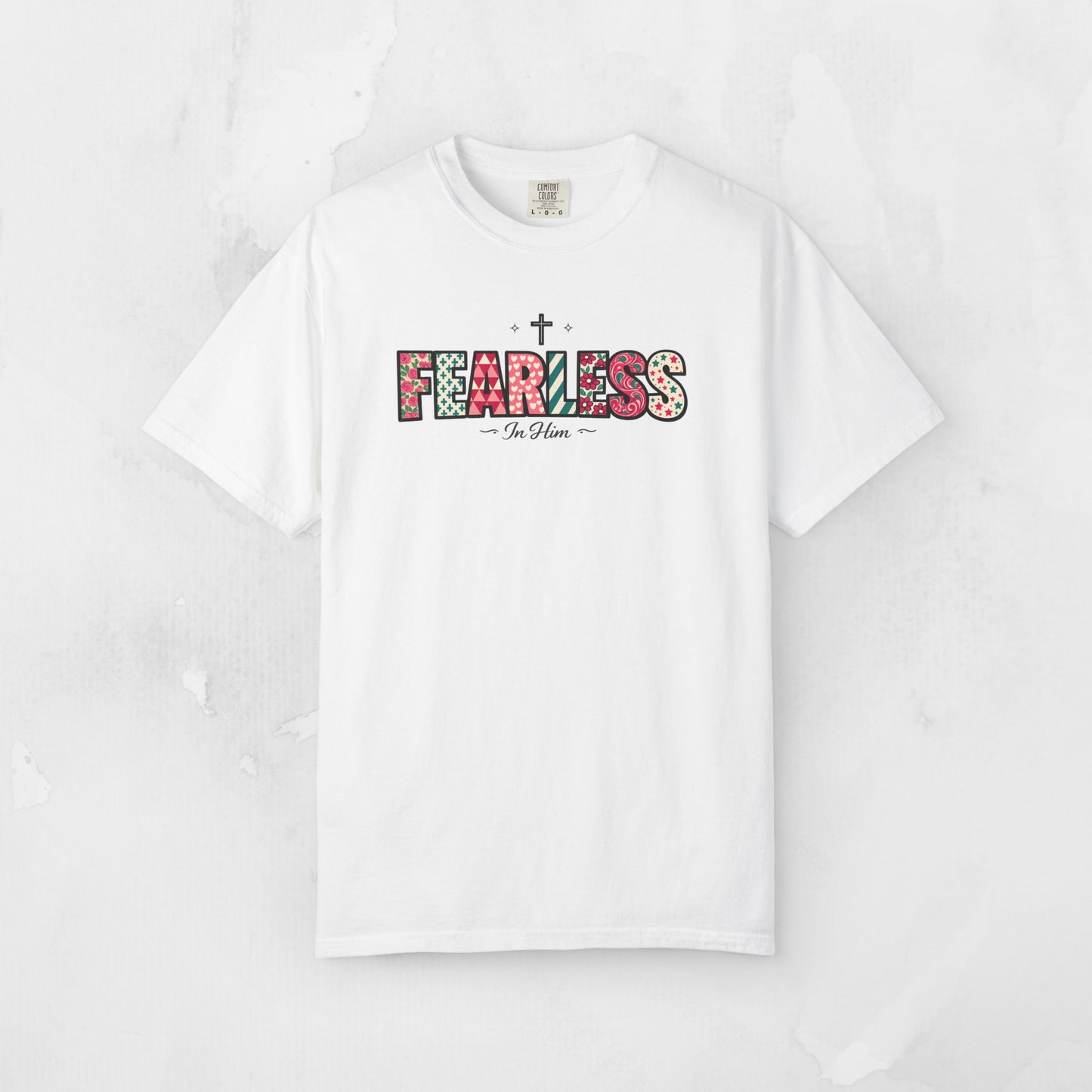 Fearless In Him Tee — Faith-Based Word Art Tee for Christian Entrepreneurs