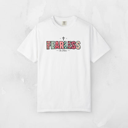 Fearless In Him Tee — Faith-Based Word Art Tee for Christian Entrepreneurs