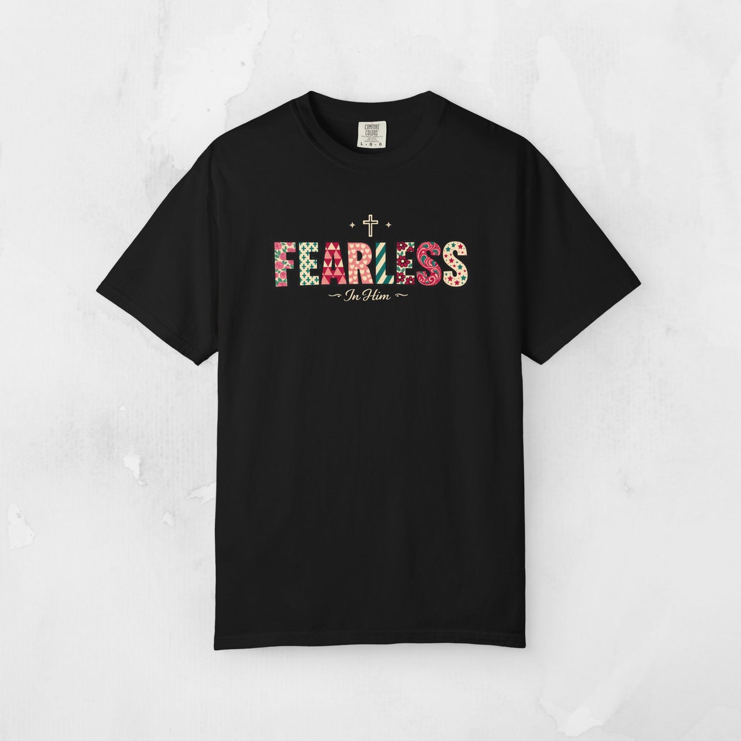 Fearless In Him Tee — Faith-Based Word Art Tee for Christian Entrepreneurs
