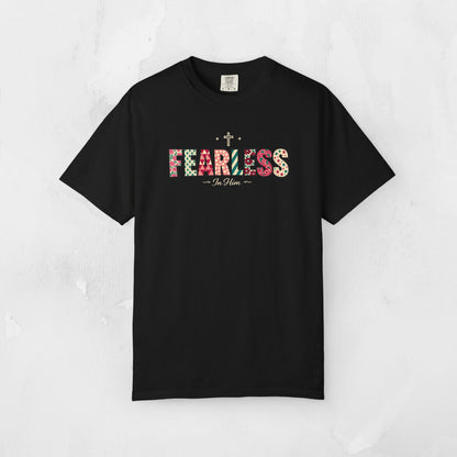 Fearless In Him Tee — Faith-Based Word Art Tee for Christian Entrepreneurs
