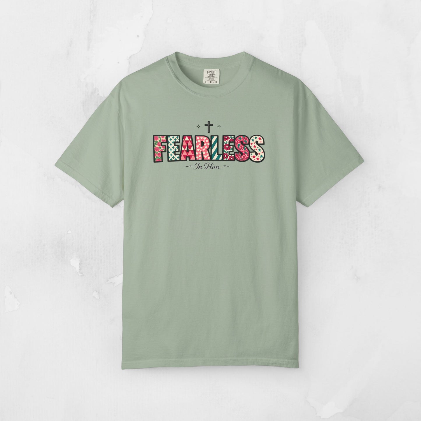Fearless In Him Tee — Faith-Based Word Art Tee for Christian Entrepreneurs