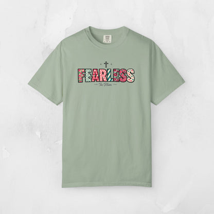 Fearless In Him Tee — Faith-Based Word Art Tee for Christian Entrepreneurs