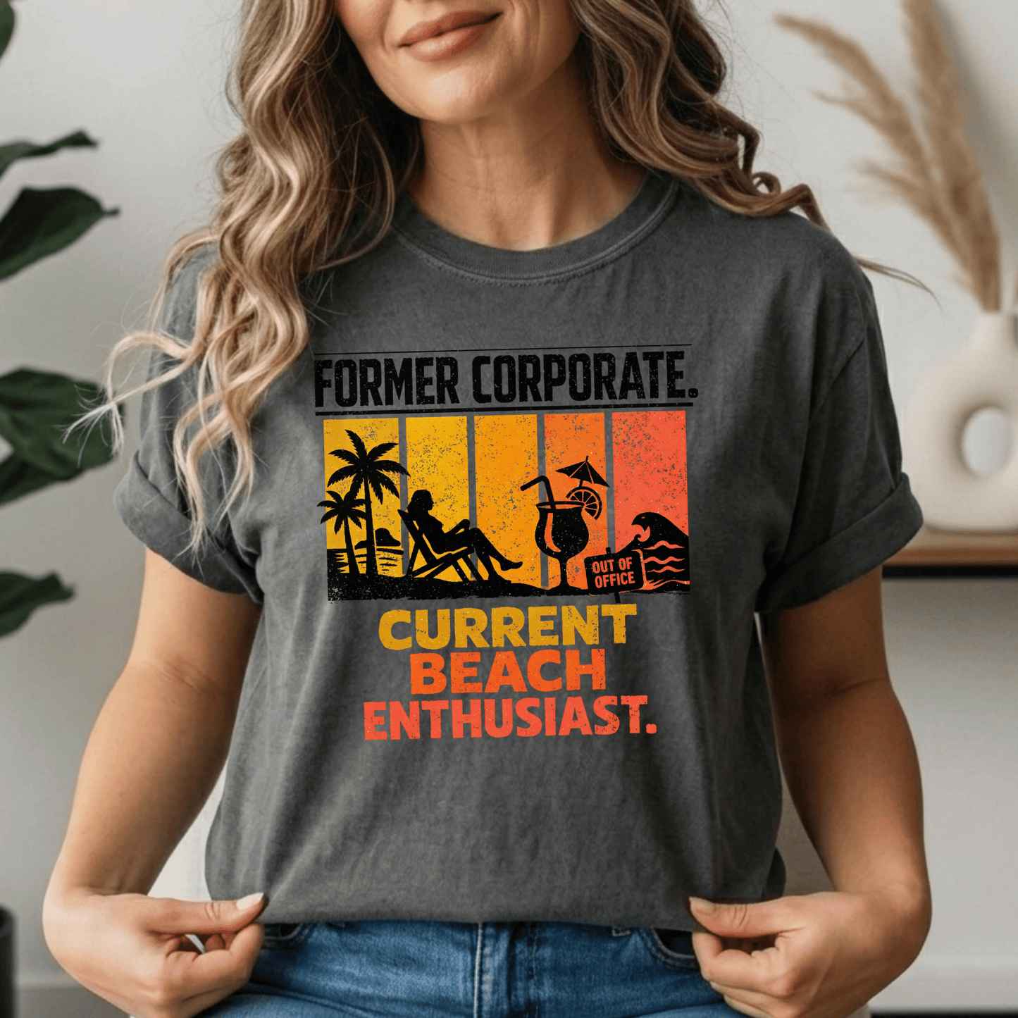 Former Corporate. Current Beach Enthusiast. Retro Sunset Stripe Graphic Tee