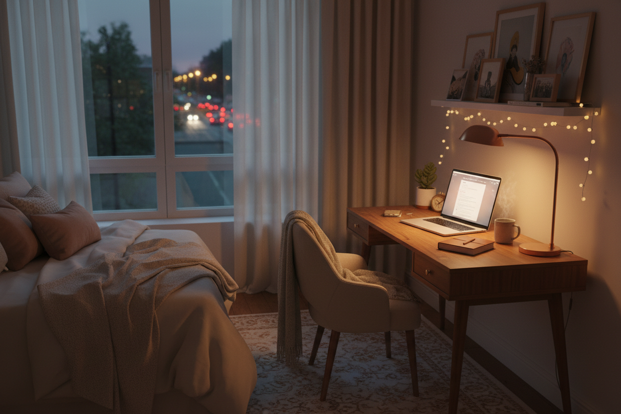 generate a photo scene of a bedroom giving a work from home office vibe late in the night you can see the street lights coming in from the windows, the ambient lighting from a desk lamp next to a lap top and the room has a feminine feel to it, not cold, not esthetic, but cozy